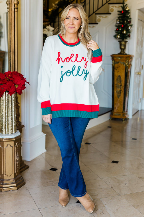 Chic Soul plus size clothing, white long sleeve sweater with red and green ribbed trim along sleeves, bottom, and neckline with 