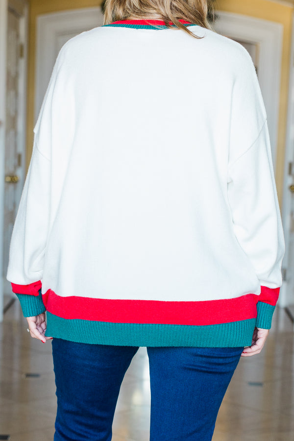 Chic Soul plus size clothing, white long sleeve sweater with red and green ribbed trim along sleeves, bottom, and neckline with 