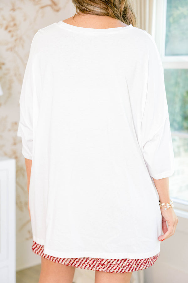 Chic Soul plus size clothing, short sleeve white graphic tee that has holiday cocktail graphics in a square shape on the center of the shirt