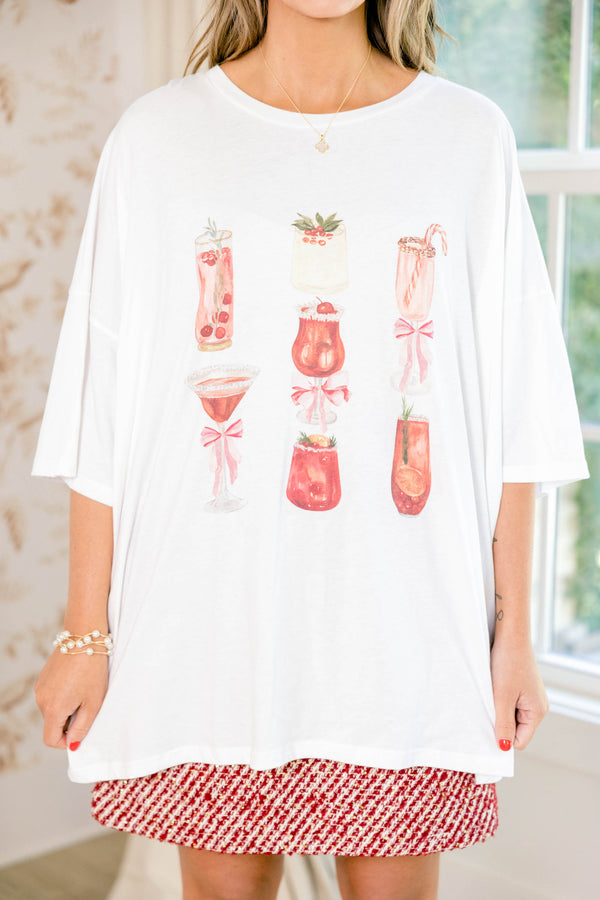 Chic Soul plus size clothing, short sleeve white graphic tee that has holiday cocktail graphics in a square shape on the center of the shirt
