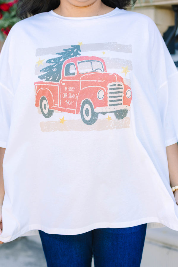 Plus size white boyfriend tee with a vintage red truck and Christmas tree graphic.