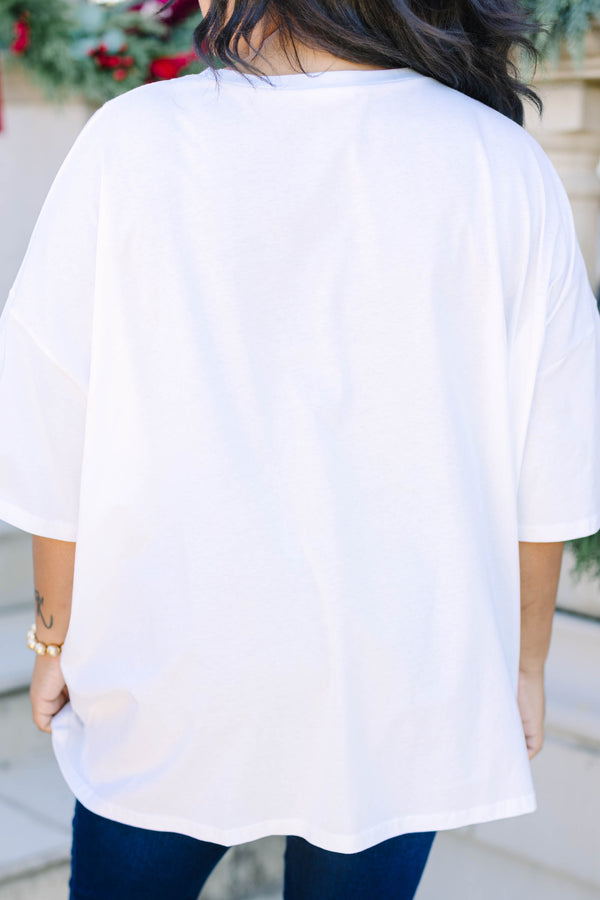 Plus size white boyfriend tee with a vintage red truck and Christmas tree graphic.