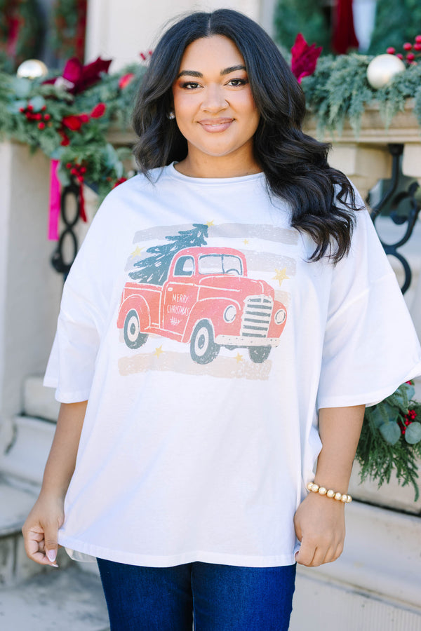 Plus size white boyfriend tee with a vintage red truck and Christmas tree graphic.