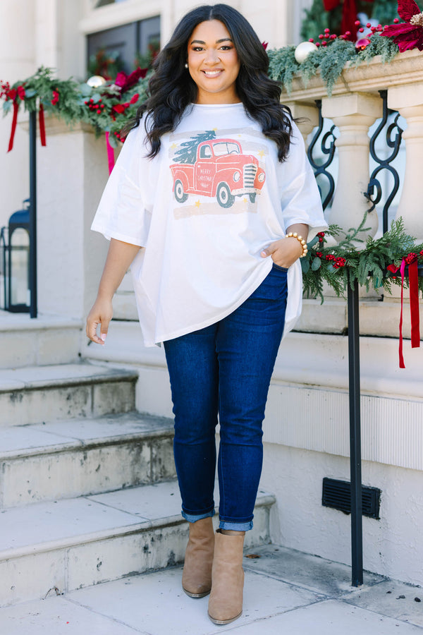 Plus size white boyfriend tee with a vintage red truck and Christmas tree graphic.