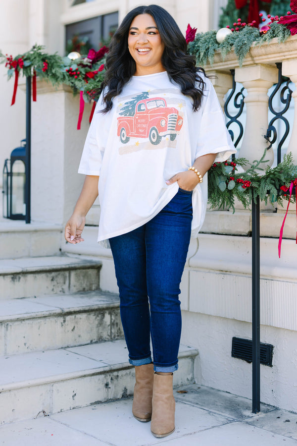 Plus size white boyfriend tee with a vintage red truck and Christmas tree graphic.