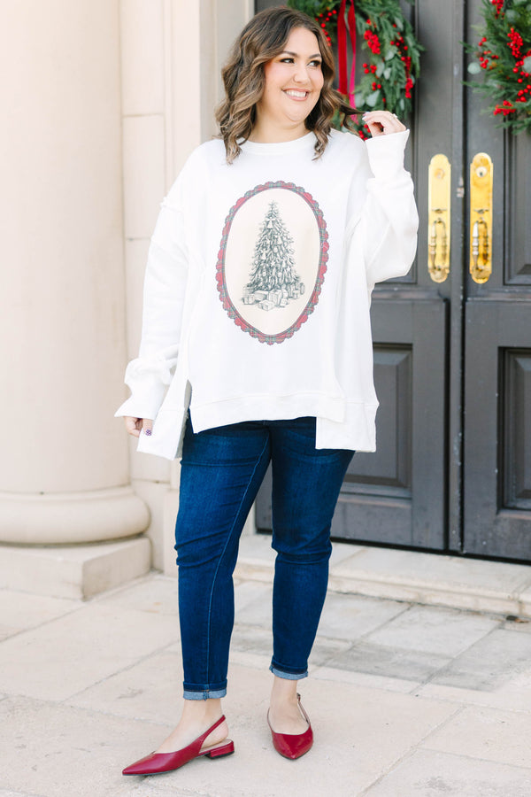 Plus size ivory oversized cotton crewneck with a vintage Christmas tree graphic.