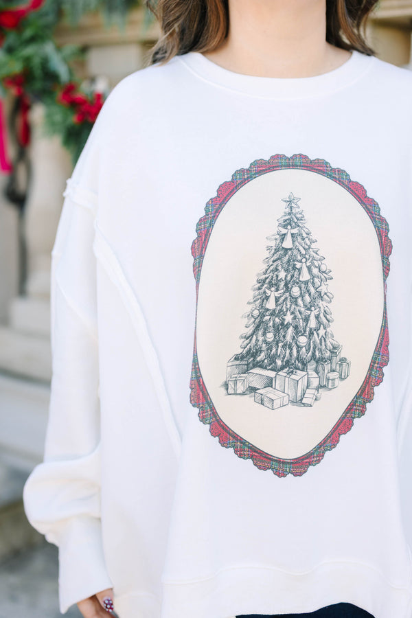 Plus size ivory oversized cotton crewneck with a vintage Christmas tree graphic.