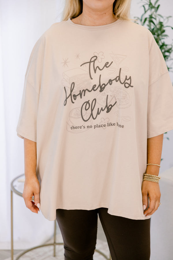 Chic Soul plus size clothing, light mocha boyfriend tee with the words 