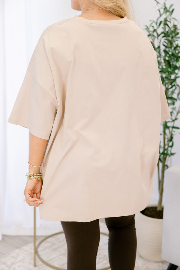 Chic Soul plus size clothing, light mocha boyfriend tee with the words 