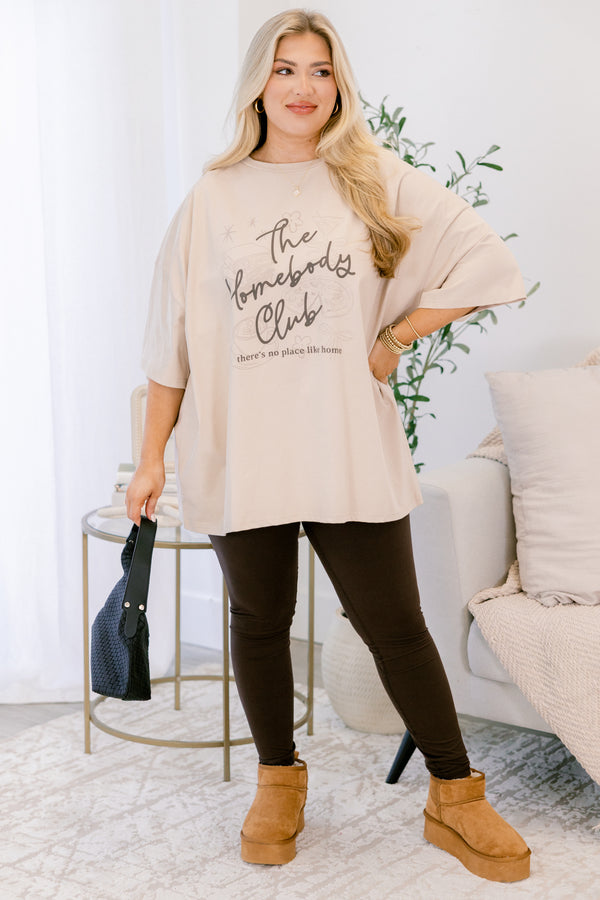 Chic Soul plus size clothing, light mocha boyfriend tee with the words 