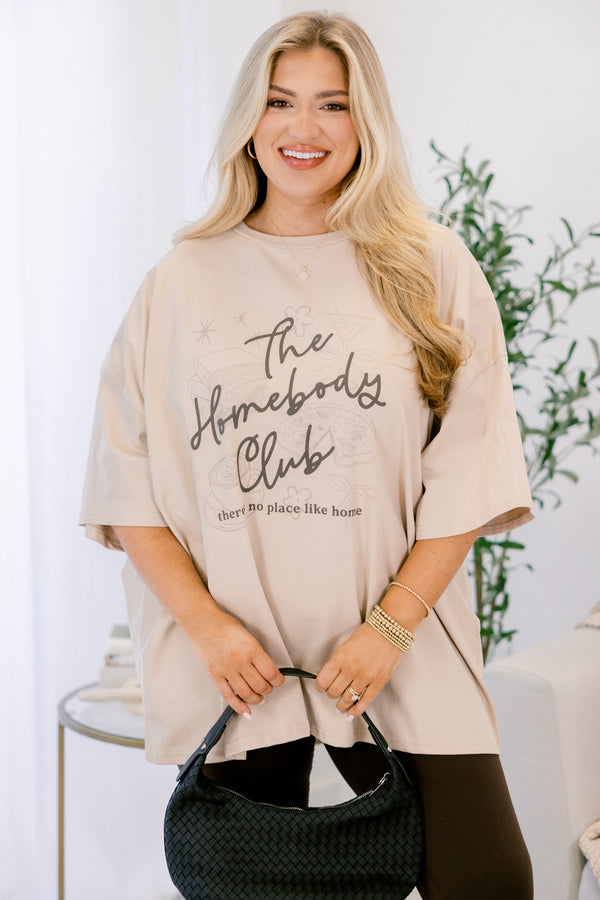 Chic Soul plus size clothing, light mocha boyfriend tee with the words 