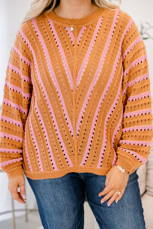 Chic Soul plus size clothing, brown and pink long sleeve sweater with a stripped pattern and hole details throughout 