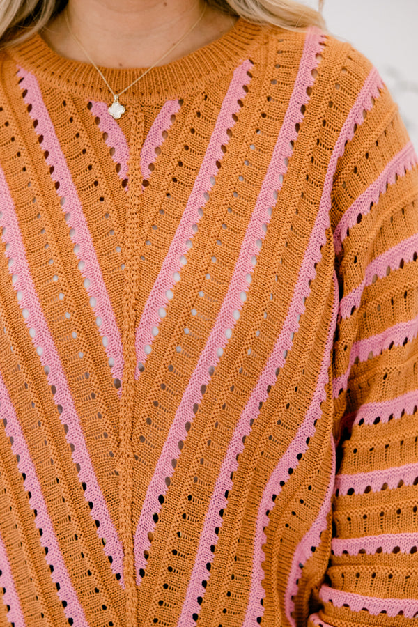 Chic Soul plus size clothing, brown and pink long sleeve sweater with a stripped pattern and hole details throughout 