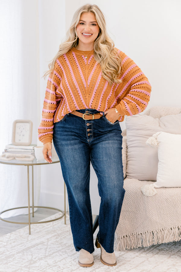 Chic Soul plus size clothing, brown and pink long sleeve sweater with a stripped pattern and hole details throughout 