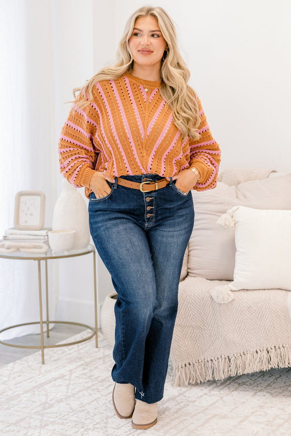 Chic Soul plus size clothing, brown and pink long sleeve sweater with a stripped pattern and hole details throughout 