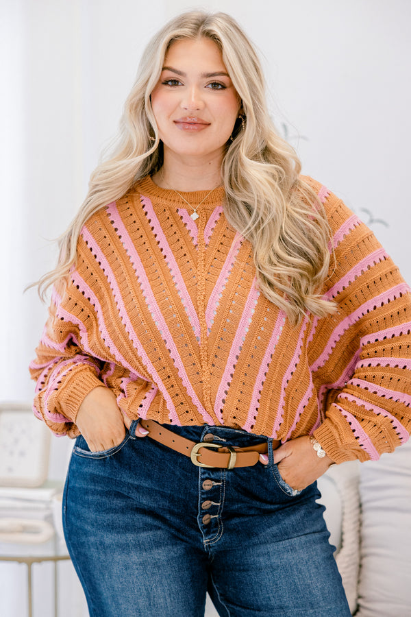 Chic Soul plus size clothing, brown and pink long sleeve sweater with a stripped pattern and hole details throughout 