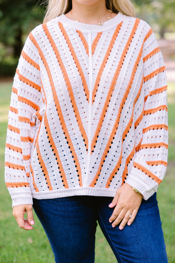 Chic Soul plus size clothing, white knit long sleeve sweater with coral stripes in a v pattern on the body and horizontal stripes on the sleeves