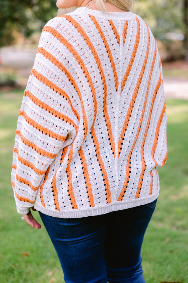 Chic Soul plus size clothing, white knit long sleeve sweater with coral stripes in a v pattern on the body and horizontal stripes on the sleeves
