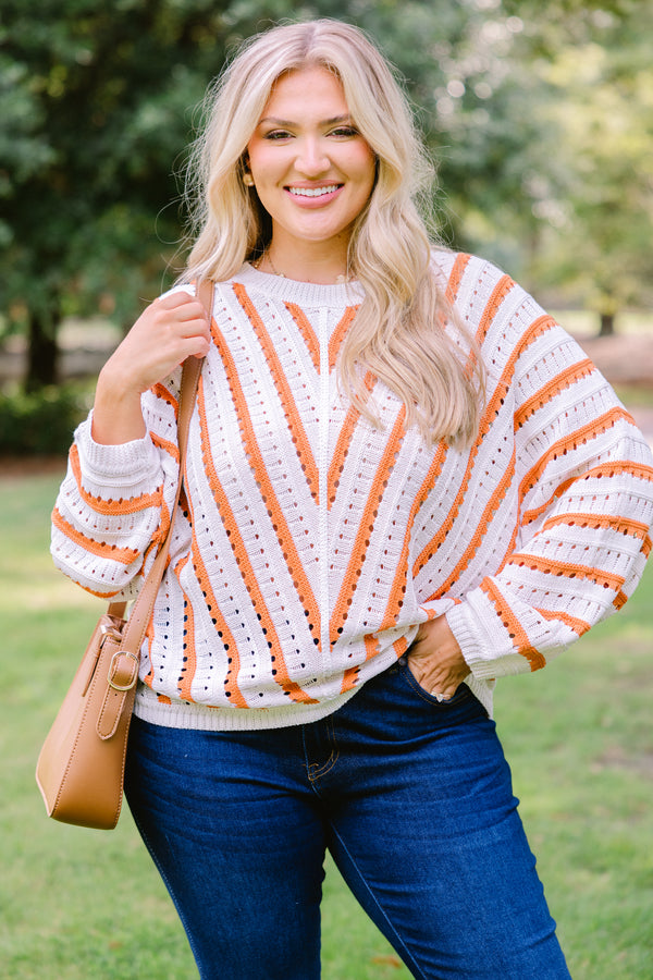 Chic Soul plus size clothing, white knit long sleeve sweater with coral stripes in a v pattern on the body and horizontal stripes on the sleeves