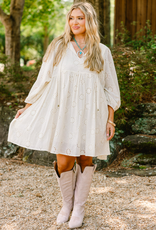 Chic Soul plus size clothing, cream short dress with long sleeves and white lacey pattern 