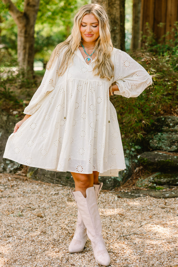 Chic Soul plus size clothing, cream short dress with long sleeves and white lacey pattern 