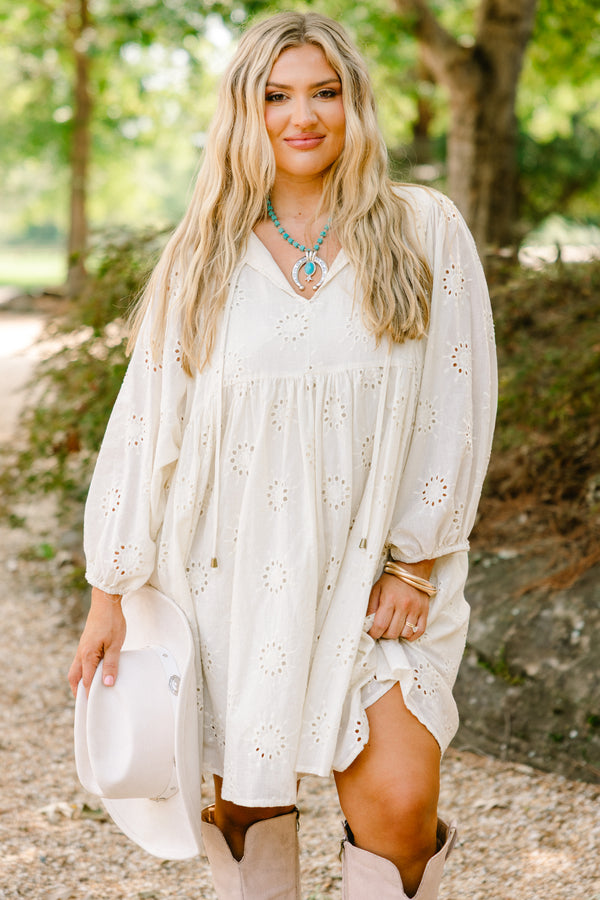 Chic Soul plus size clothing, cream short dress with long sleeves and white lacey pattern 