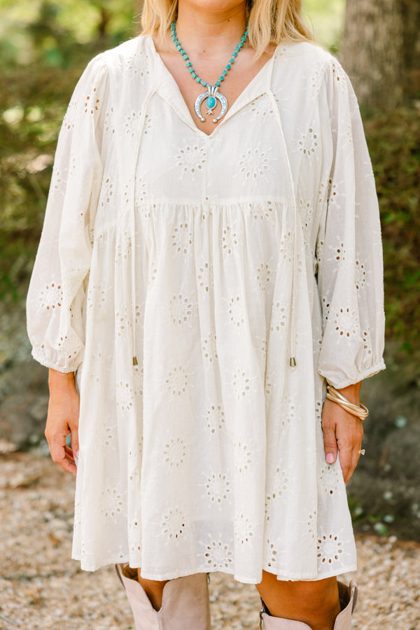 Chic Soul plus size clothing, cream short dress with long sleeves and white lacey pattern 