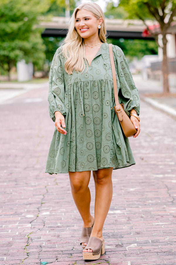 Chic Soul plus size clothing, light green long bubble sleeve dress with v-neck and drawstrings on the neck and embroidery pattern