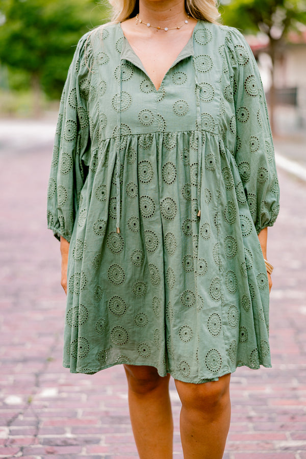 Chic Soul plus size clothing, light green long bubble sleeve dress with v-neck and drawstrings on the neck and embroidery pattern