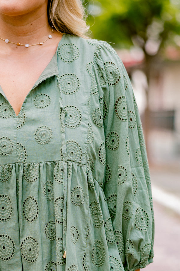 Chic Soul plus size clothing, light green long bubble sleeve dress with v-neck and drawstrings on the neck and embroidery pattern