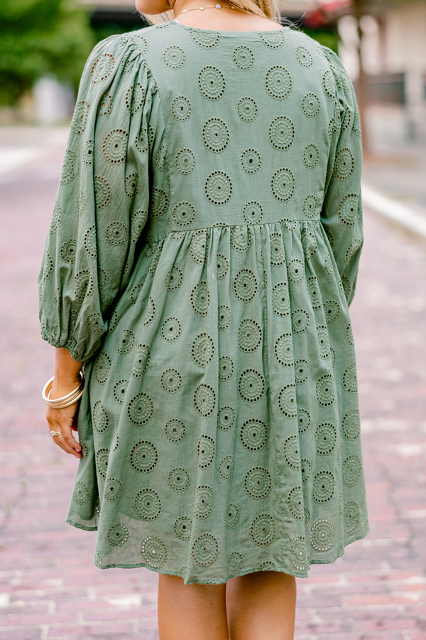 Chic Soul plus size clothing, light green long bubble sleeve dress with v-neck and drawstrings on the neck and embroidery pattern