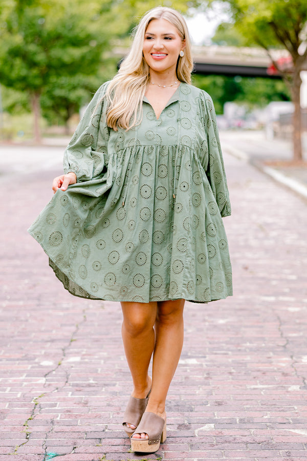 Chic Soul plus size clothing, light green long bubble sleeve dress with v-neck and drawstrings on the neck and embroidery pattern