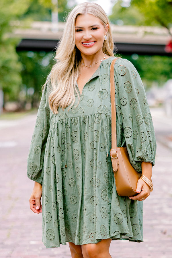 Chic Soul plus size clothing, light green long bubble sleeve dress with v-neck and drawstrings on the neck and embroidery pattern