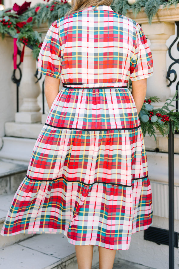 Plus size cream plaid tiered midi dress with a tie waist, short sleeves, and black bow heels.