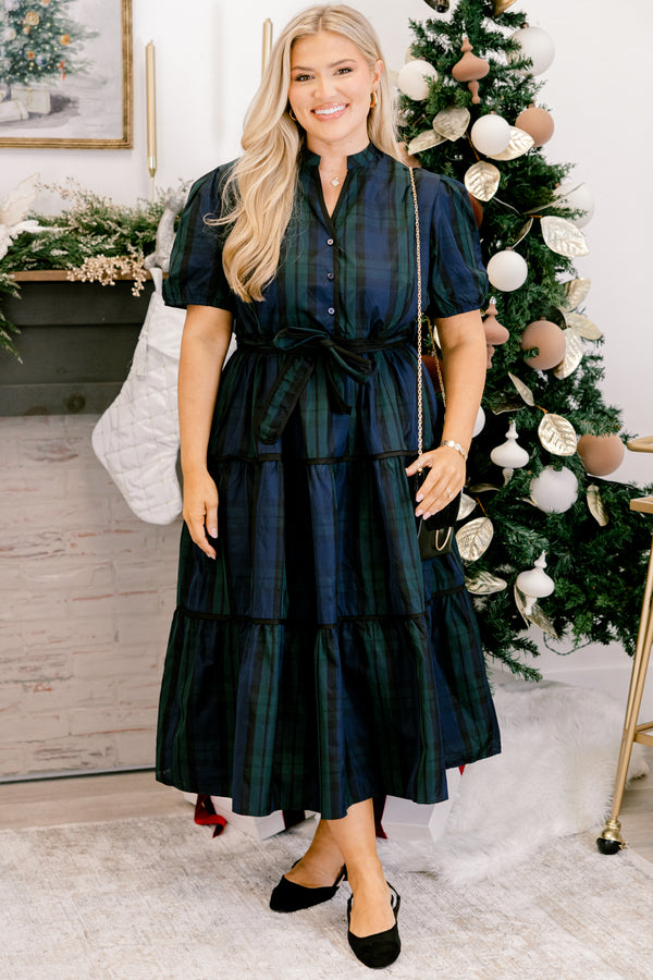 Chic Soul plus size clothing, green and blue plaid short sleeve maxi dress with waist tie and three buttons down the front