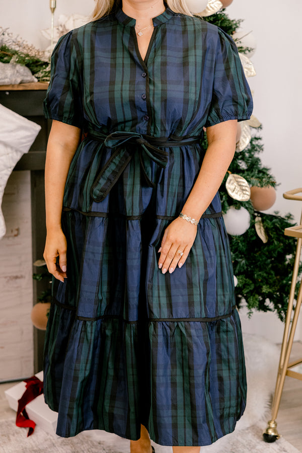 Chic Soul plus size clothing, green and blue plaid short sleeve maxi dress with waist tie and three buttons down the front
