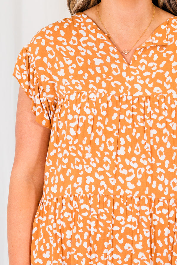 Chic Soul plus size clothing, orange leopard print knee length dress with v cutout on neckline and ruffle sleeves