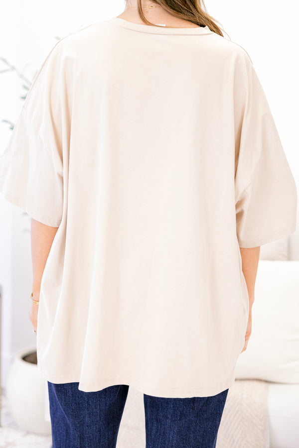 Chic Soul plus size clothing, light brown short sleeve oversized boyfriend tee with 