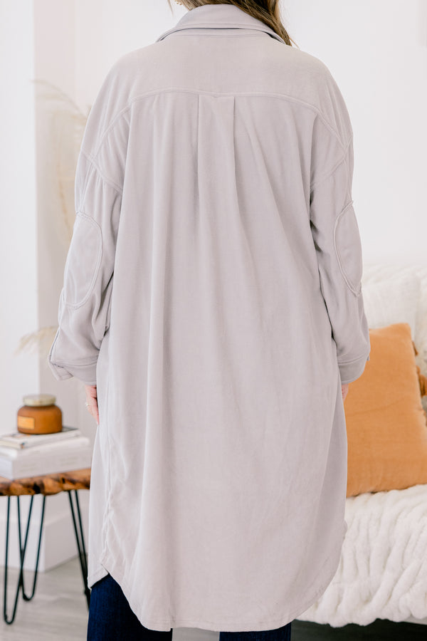 Chic Soul plus size clothing, light grey long sleeve button down long shacket with 2 front chest pockets with buttons