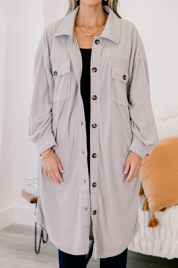 Chic Soul plus size clothing, light grey long sleeve button down long shacket with 2 front chest pockets with buttons