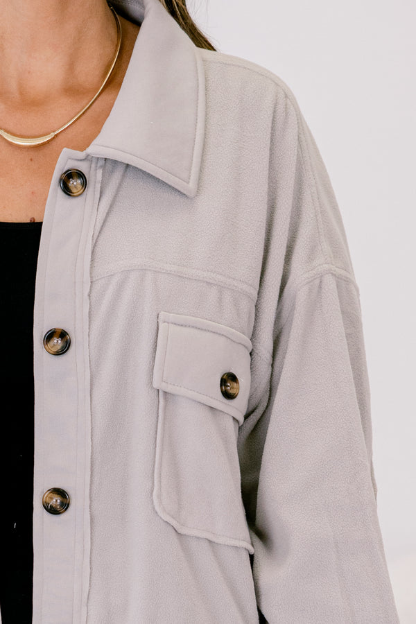 Chic Soul plus size clothing, light grey long sleeve button down long shacket with 2 front chest pockets with buttons