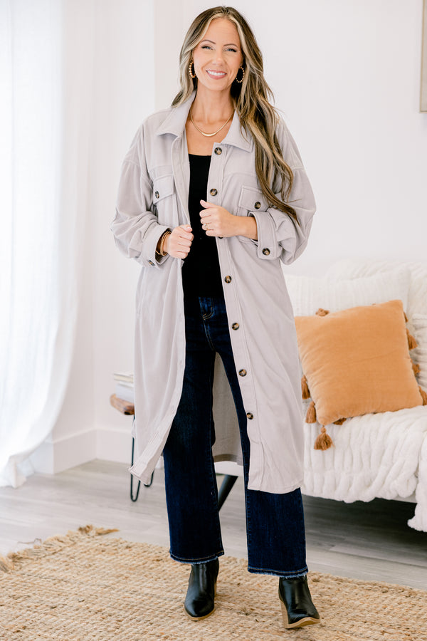 Chic Soul plus size clothing, light grey long sleeve button down long shacket with 2 front chest pockets with buttons