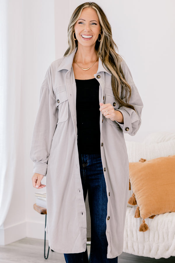 Chic Soul plus size clothing, light grey long sleeve button down long shacket with 2 front chest pockets with buttons