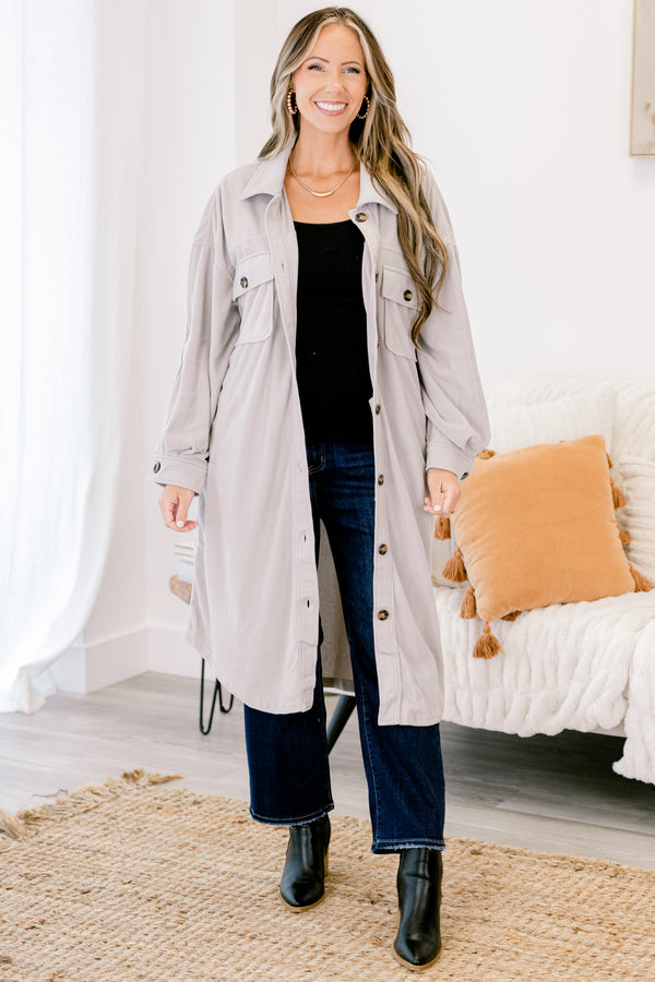 Chic Soul plus size clothing, light grey long sleeve button down long shacket with 2 front chest pockets with buttons