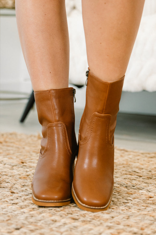 Chic Soul plus size clothing, brown bootie with rounded toe, block heel and side zipper