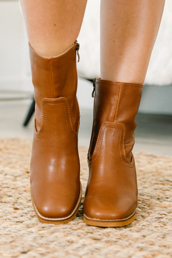 Chic Soul plus size clothing, brown bootie with rounded toe, block heel and side zipper