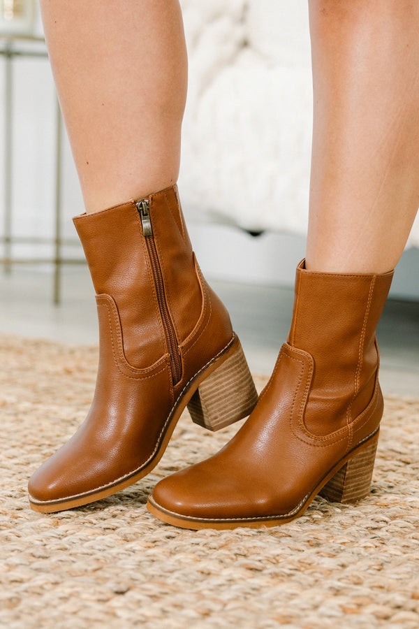 Chic Soul plus size clothing, brown bootie with rounded toe, block heel and side zipper