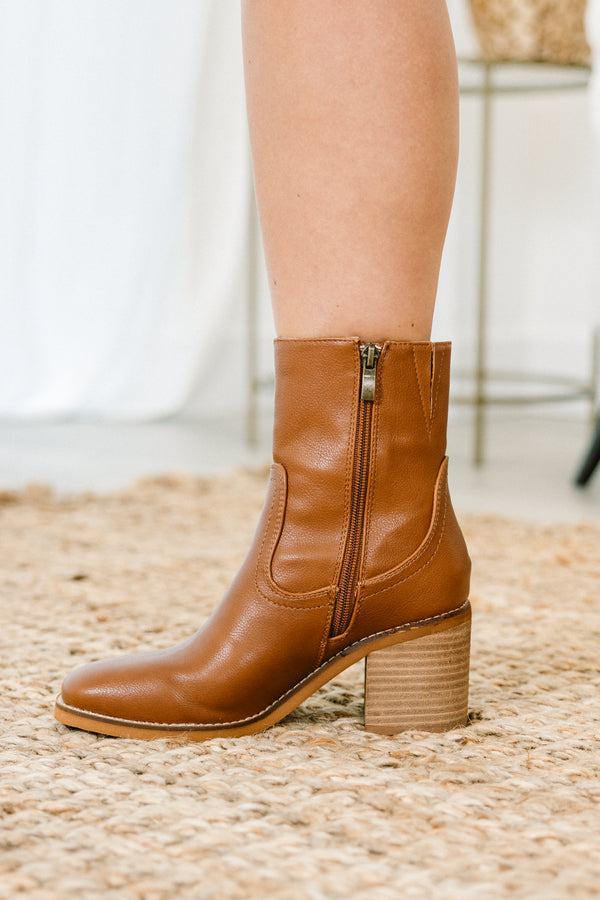 Chic Soul plus size clothing, brown bootie with rounded toe, block heel and side zipper
