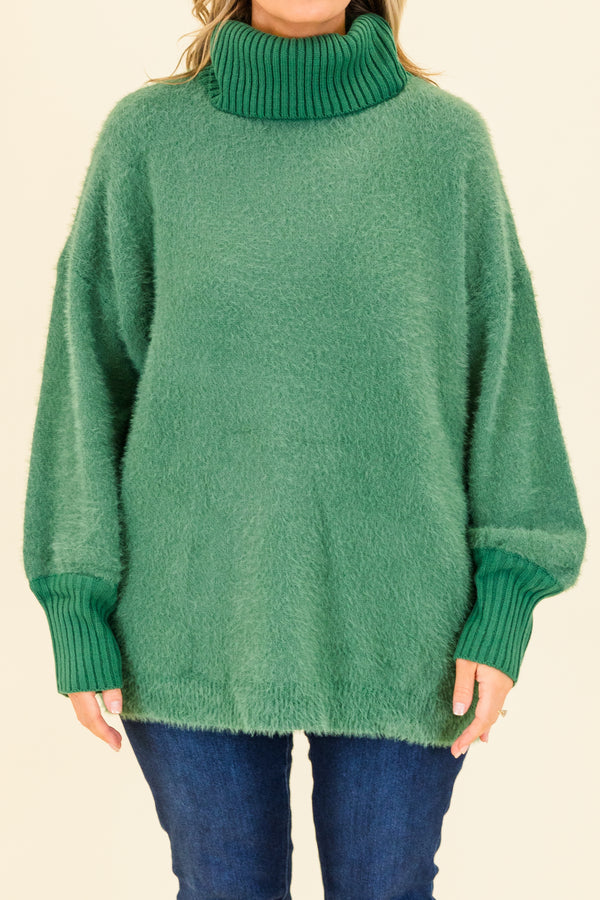 Chic Soul plus size clothing, hunter green long sleeve sweater with fuzzy body and sleeves with ribbed cuff sleeves with ribbed turtleneck detail