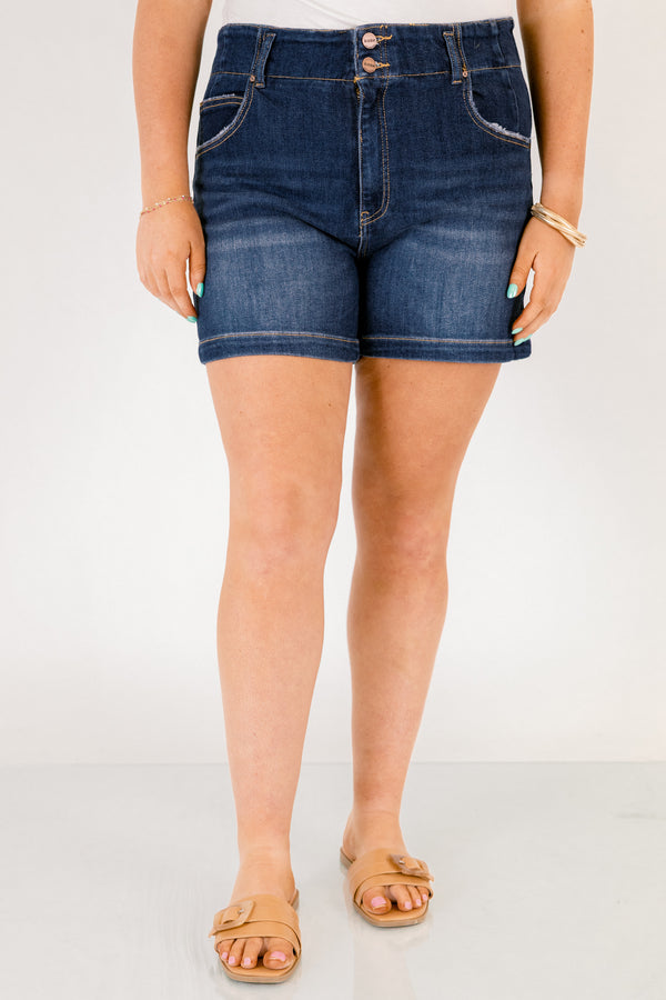 Chic Soul plus size clothing, dark wash mid thigh length blue jean shorts with double button closure